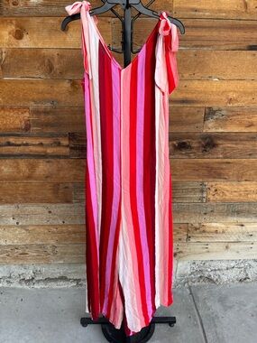 CHARLIE B Red & Pink Striped Maxi Dress with Tie Straps